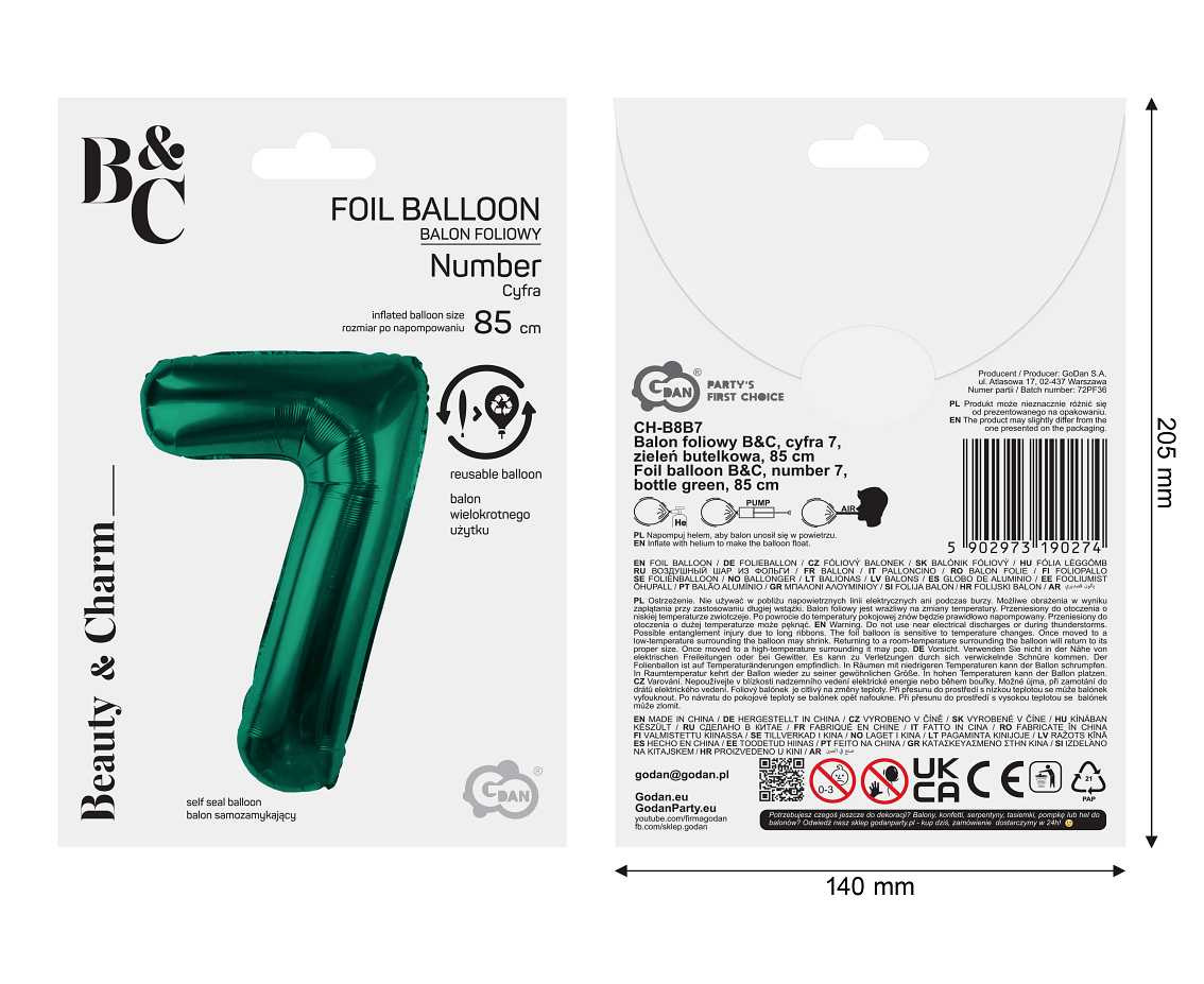 Foil balloon B&C, number 7, bottle green, 85 cm